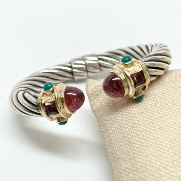 David Yurman Jewelry - David Yurman 10mm Renaissance Pink Tourmaline Green Onyx Cuff Bracelet 925/14K